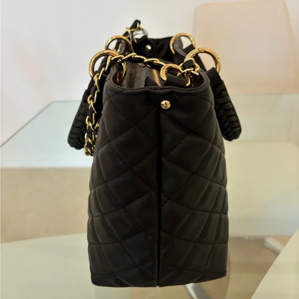 Black Quilted Leather Shoulder Bag with Gold Chain & Starp